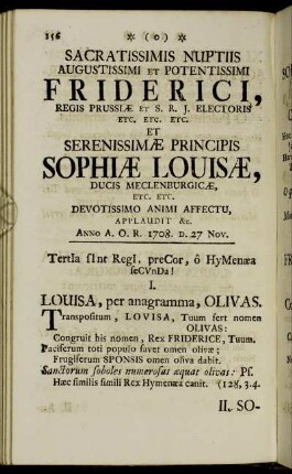 Sacritissimis nuptiis augustissimi et potentissimi Friderici, regis Prussiæ et S. R. J. Electoris etc...