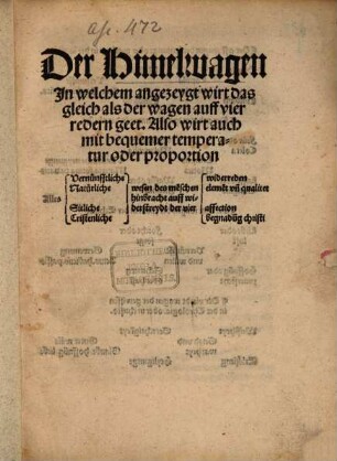 Der Himelwagen in welchem angezeygt wirt das gleich als der Wagen auff vier redern geet : also wirt auch mit bequemer Temperatur oder Proportion alles vernünfftliche natürliche sitliche cristenliche Wesen des Menschen hinbracht auff Widerstreydt der vier Widerreden Element und Qualitet affection Begnadung Christi