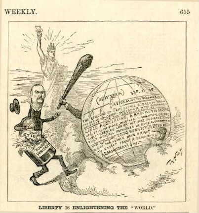 Liberty is enlightening the "World" : die Erdkugel schlägt mit einem Knüppel auf George Sterling ein, der als zerbrochene Schnapsflasche dargestellt wird. Im Hintergrund steht die Statue der Liberty