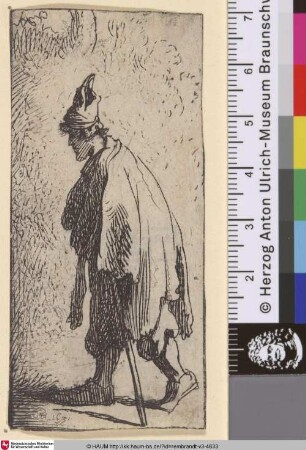 [Nach links gehender Bettler mit Stock; Beggar with a Stick, Walking to the Left; Gueux à manteau déchiqueté]