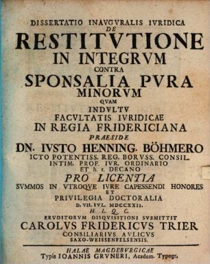 Diss. inaug. iur. de restitutione in integrum contra sponsalia pura minorum