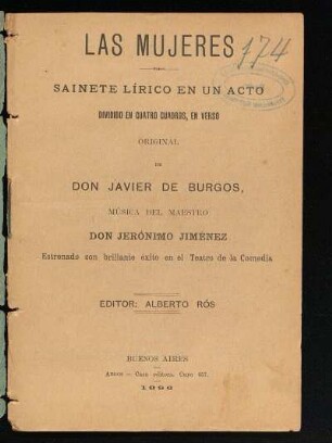 Las mujeres : sainete lírico en un acto, dividido en cuatro cuadros, en verso
