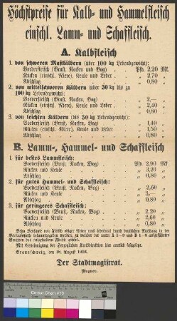 Bekanntmachung des Stadtmagistrats Braunschweig zur Festlegung von Höchstpreisen für Kalbfleisch, Hammelfleisch, Lamm- und Schaffleisch