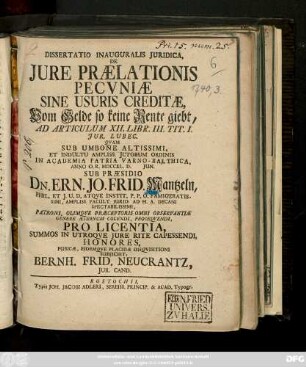Dissertatio Inauguralis Juridica : De Jure Prælationis Pecuniae Sine Usuris Creditæ