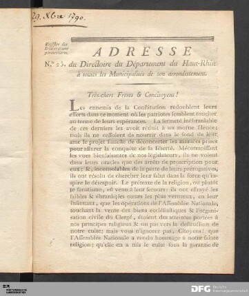 Adresse du Directoire du Département du Haut-Rhin à toutes les Municipalités de son arrondissement.