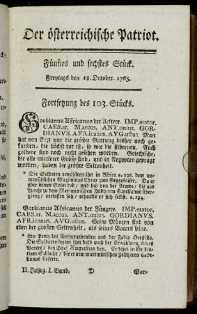 Fünftes und sechstes Stück. Freytags den 18. October. 1765. - Achtes Stück. Freytags den 25. October. 1765.