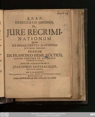 Exercitatio Iuridica, De Iure Recriminationum