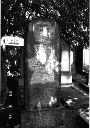 Grabstein 135 (Index: 100105313) Material: Granit Zustand: gut Maße HxBxT: 189x61x22 cm Beschreibung: Stele, Sockel, doppelt eingezogener Korbbogenabschluß Symbolik: Davidstern, gewundener Kranz aus Zweigen: Grabstein 135