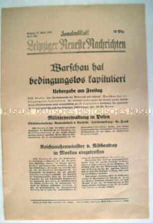 Sonderblatt der "Leipziger Neuesten Nachrichten" zur Kapitulation von Warschau