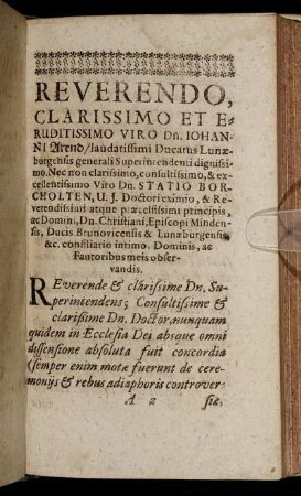 Reverendo, Clarissimo Et Etrudissimo Viro Dn. Johanni Arend [...]