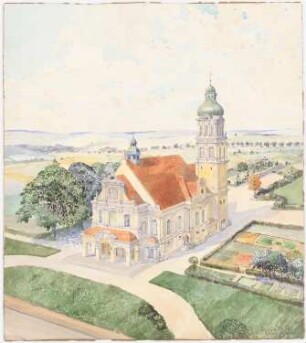 Unzugeordnete Sakralbauten: Perspektivische Ansicht (Vogelschau) einer Kirche