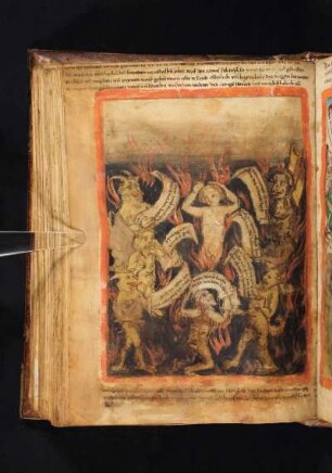 Höllenszene: verdammte Seele wird von sieben Teufeln gepeinigt