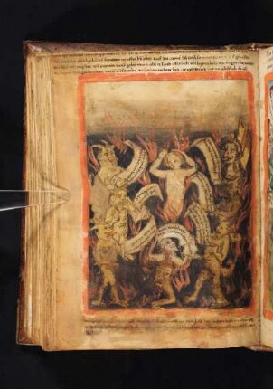 Höllenszene: verdammte Seele wird von sieben Teufeln gepeinigt