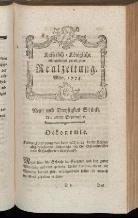 Neun und Dreysigstes Stück; den 28ten September. Wien, 1775.