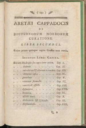 Aretaei Cappadocis De Diuturnorum Morborum Curatione Liber Secundus