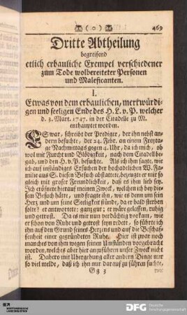Dritte Abtheilung begreifend etlich erbauliche Exempel verschiedener zum Tode wolbereiteter Personen und Maleficanten.