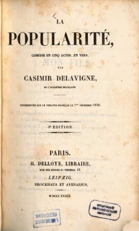 La popularité : comédie en cinq actes, en vers