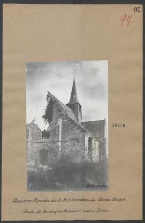 Péronne Okt. 1914: Kirche und Friedhof zu Herbécourt westl. v. Péronne