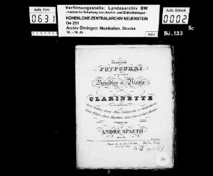 Spaeth, André., Troisième Potpourri sur des motifs de Boieldieu et Nicolo pour Clarinette avec accompagnement de deux Violons, deux Altos, Violoncelle et Contrebasse, deux flutes, deux Hautbois, deux Cors et deux Basson, Mainz, Schott.