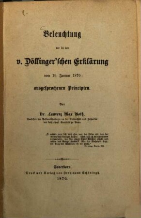 Beleuchtung der in der v. Döllinger'schen Erklärung vom 19. Januar 1870 ausgesprochenen Principien