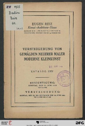 Versteigerung von Gemälden neuerer Maler, moderne Kleinkunst : Versteigerung 22. bis 24. Juni 1925 (Katalog Nr. 64)