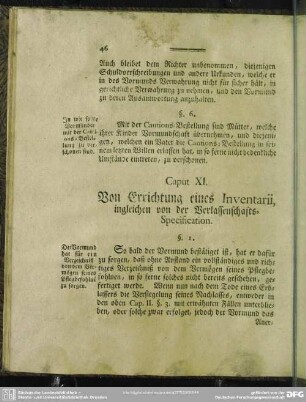 Caput XI. Von Errichtung eines Inventarii, ingleichen von der Verlassenschafts-Specification