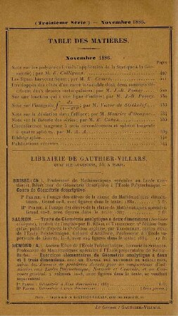 Table des matières. Novembre 1886.