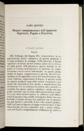 Capo Quinto. Organi complementari dell' apparato digerente, Fegato e Pancreas