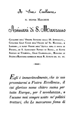 A Sua Eccellenza Il Signor Marchese Asinari di S. Marzano [...]