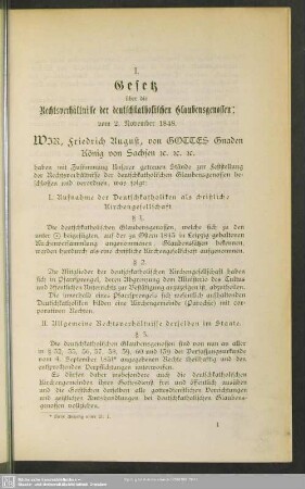 I. Gesetz über die Rechtsverhältnisse der deutschkatholischen Glaubensgenossen; vom 2. November 1848