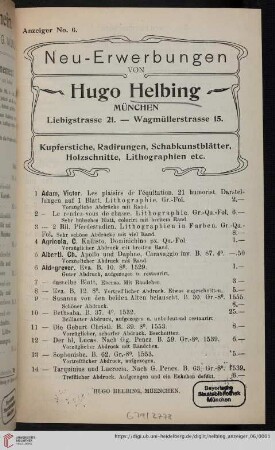 Nr. 6: Neu-Erwerbungen von Hugo Helbing, München: Anzeiger: Kupferstiche, Radirungen, Schabkunstblätter, Holzschnitte, Lithographien etc.