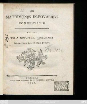 De Matrimoniis Inæqvalibvs Commentatio