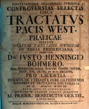 Dissertatione inaugurali iuridica controversias selectas circa tractatus pacis Westphalicae