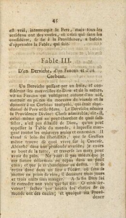 Fable III. D'un Derviche, d'un Faucon et d'un Corbeau