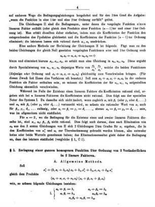 § 1. Zerlegung einer ganzen homogenen Funktion 2ter Ordnung von 3 Veränderlichen in 2 lineare Faktoren.