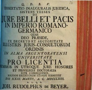 Diss. inaug. iur. sistens theses de iure belli et pacis in imperio Romano-Germanico