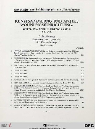 I. Auktionstag. Donnerstag, den 3. Juni 1937, ab 3 Uhr nachmittags (Nr. 1-185)