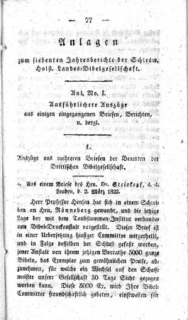 Anlagen zum siebenten Jahresberichte der Schlesw. Holst. Landes=Bibelgesellschaft.