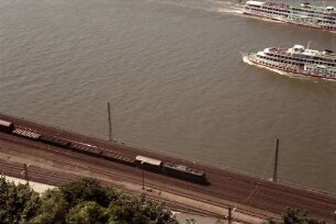 Koblenz: Von oben, Güterzug am Rhein