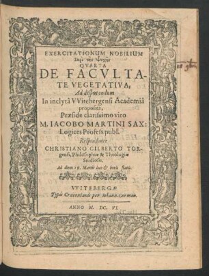 Exercitationum Nobilium Peri tēs Psychēs Quarta De Facultate Vegetativa