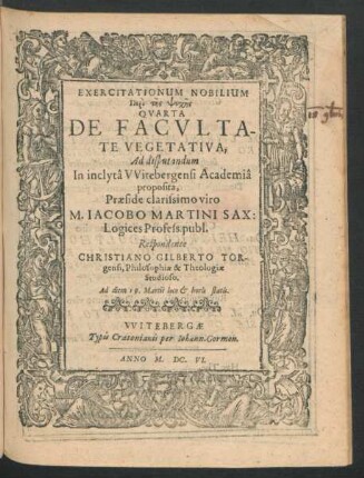 Exercitationum Nobilium Peri tēs Psychēs Quarta De Facultate Vegetativa