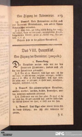 Das VIII. Hauptstück. Von Fügung der Vorwörter. (præposit.)