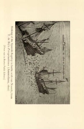 Sinking of the Spanish flagship in battle with van Noordt; from T. de Bry's Peregrinationes (Amsterdame, 1602)