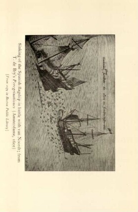 Sinking of the Spanish flagship in battle with van Noordt; from T. de Bry's Peregrinationes (Amsterdame, 1602)