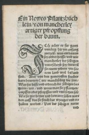 Ein Newes Pflantzbüchlein/ von mancherley artiger pfropffung der baum.