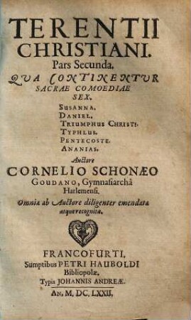 Terentius Christianus seu comoediae sacrae : tribus partibus distinctae, Terentiano stylo, 2. Qua continentur sacrae comoediae sex, Suanna. Daniel. Triumphus Christi. Typhlus. Pentecoste. Ananias