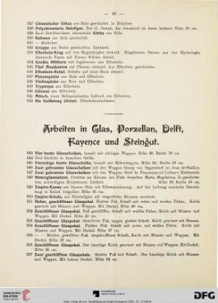 Arbeiten in Glas, Porzellan, Delft, Fayence und Steingut (Nr. 543-771)
