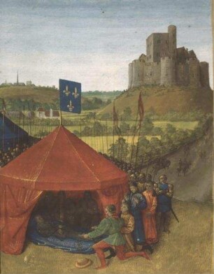 Grandes Chroniques de France — Tod Bertrands von Guesclin bei der Belagerung von Châteauneuf de Randon (Lozère), Folio 458