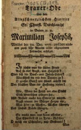Trauer-Ode über den Hintritt Sr. Churf. Durchl. in Bayern ... Maximilian Joseph
