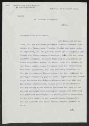 Brief von Otto Falckenberg von Münchner Kammerspiele  an Gerhart Hauptmann, geschrieben von Heinrich Fischer (Münchner Kammerspiele)